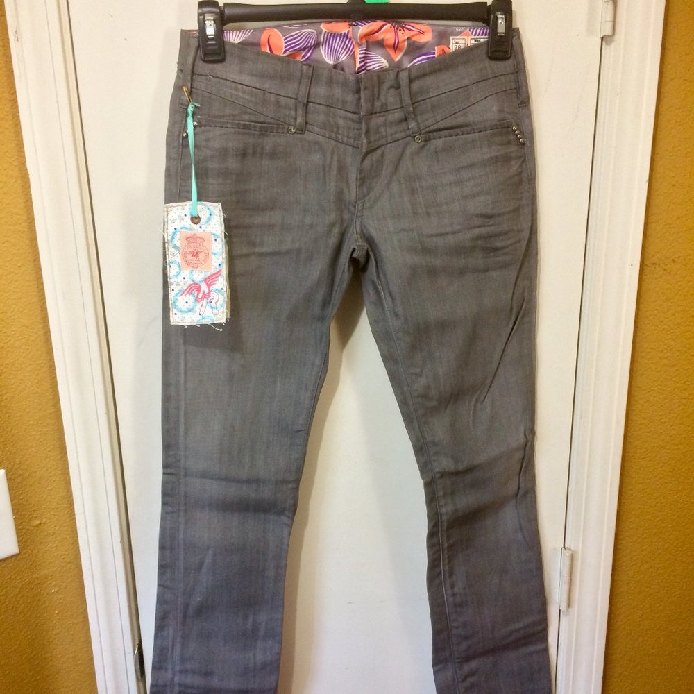 We Are Replay women's 28 low rise NADA rainbow stitch purple cuff stretchy jeans